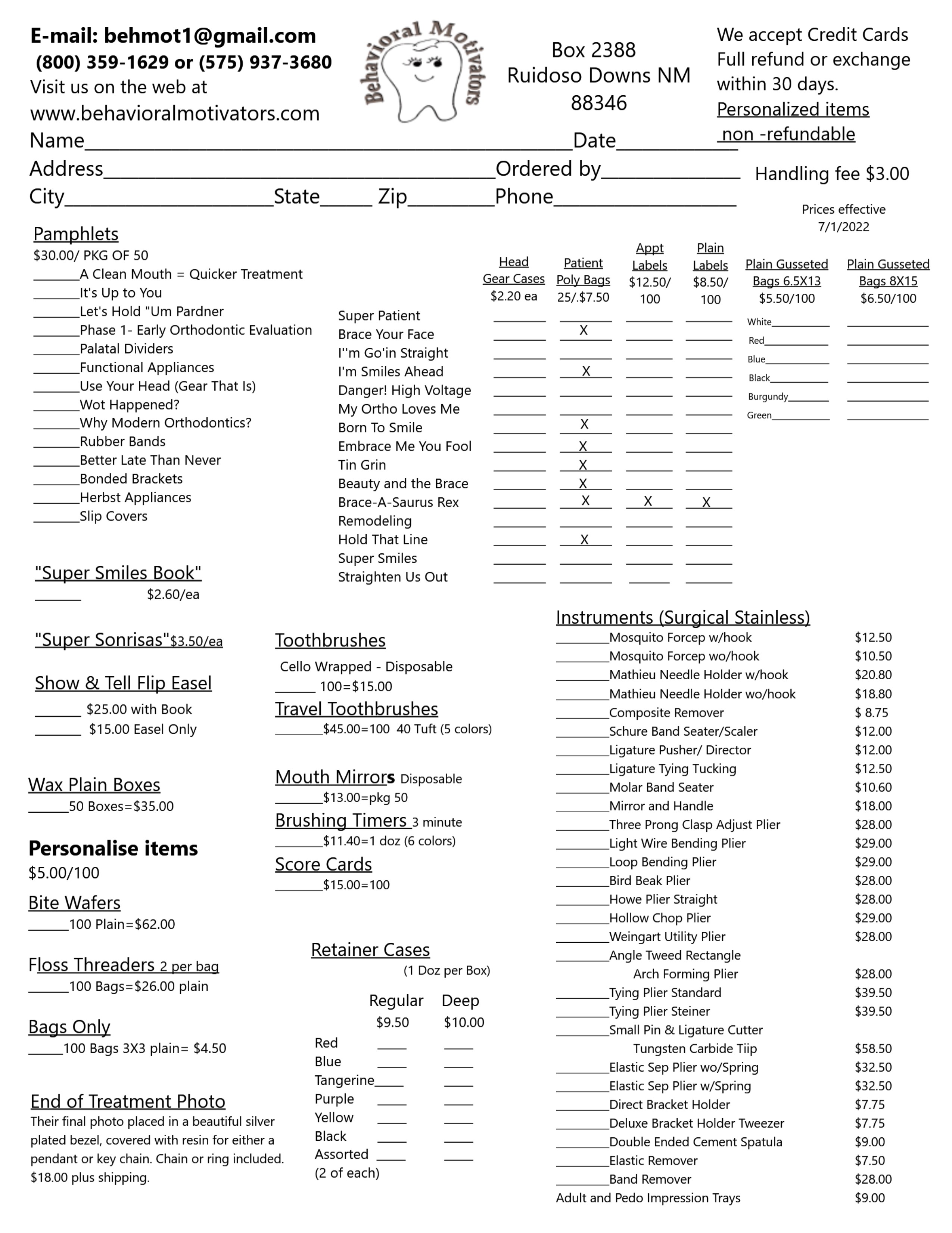 Behavioral Motivators Order Form and Price List